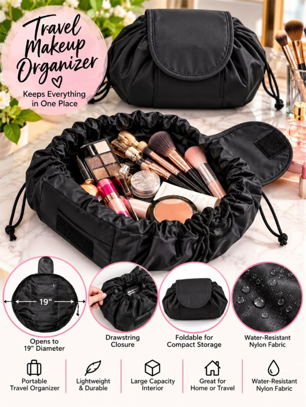 Drawstring Makeup Bag Lay Flat Cosmetic Organizer Travel Toiletry Pouch Black